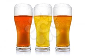 Three glasses with different beers on a white background