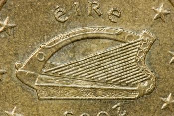 Irish 50 Euro Cent Coin Obverse Showing the Celtic Harp of Ireland, with the word Erie