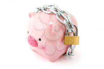 Piggybank chained up and locked. Concept for financial protection inferences or other investment messages. 
