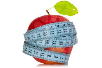 Diet concept with apple and measuring tape, isolated on white background