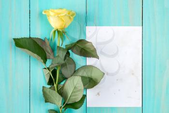 Yellow rose and blank card on blue wooden background