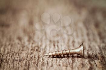 Macro shot of one screw on a wooden background