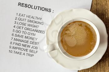 Cup of cappuccino with list of new resolutions for better life