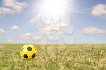Soccer ball on the field with spring grass and sunlight