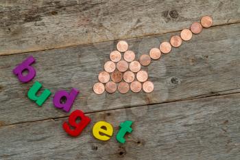 Combination of coin arrow and word BUDGET made from colored plastic letters
