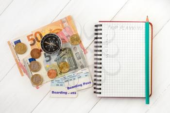 Business travel and tourism concept: air tickets or boarding pass,money,compass and traveler's notebook for trip planning