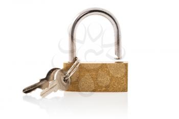 Unlocked golden padlock and keys isolated on white background