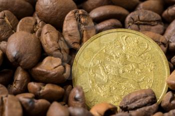 Danish coffee market. Roasted coffee beans and 10 danish krone coin