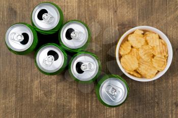 Set of football or basketball fan - beer cans and chips