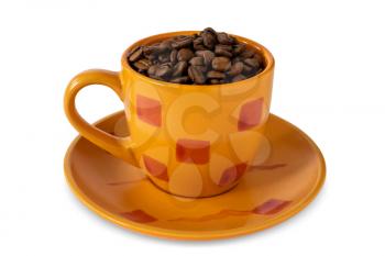 Orange cup of coffee full of coffee beans. Isolated on white background
