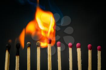 The stages of match burning on a dark background. Safety matches with red head. Different stages of matchstick burning. From Ignition to decay. 
