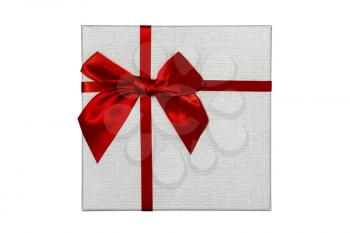 Gift  box with a red bow on a white  background. Valentine's Day, Christmas, Birthday, Mother's Day.