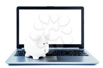Make money online or internet business concepts. Piggy bank on laptop computer with a blank screen.