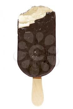Bitten ice cream covered with dark chocolate, isolated on white background 