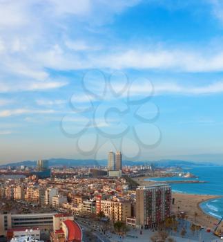 Barceloneta aerial view in evening time. Barcelona, Spain