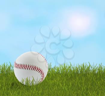 Baseball ball on the grass under the blue sky