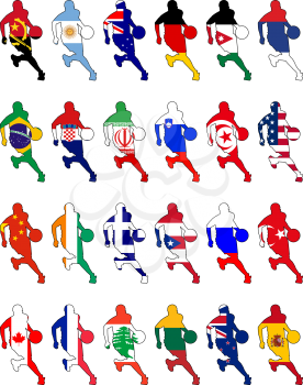 Royalty Free Clipart Image of a Variety of Basketball Silhouetted Players with International Flag Designs