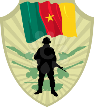 Royalty Free Clipart Image of a Cartoon Crest of a Cameroon Flag and a Soldier
