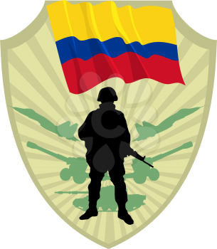 Royalty Free Clipart Image of a Crest of Colombia with a Flag and a Soldier