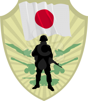 Royalty Free Clipart Image of a Crest of Japan with a Flag and a Soldier