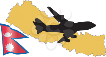 Royalty Free Clipart Image of a Plane Flying Over Nepal