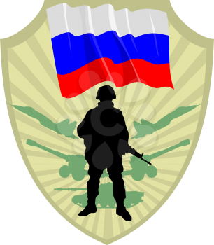 Royalty Free Clipart Image of a Crest of Russia with a Flag and Soldier