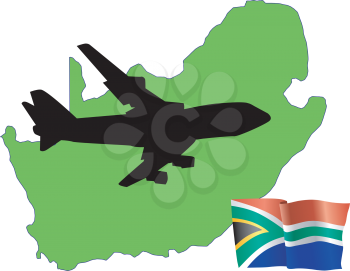 Royalty Free Clipart Image of a Plane Flying Over South Africa