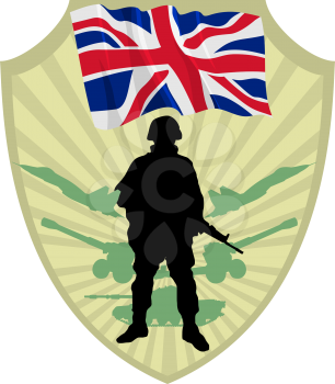Royalty Free Clipart Image of a Crest of the United Kingdom with a Flag and Soldier