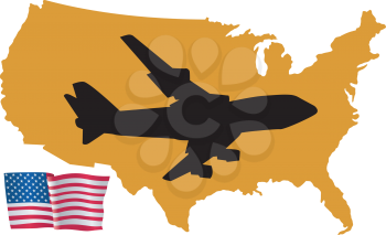 Royalty Free Clipart Image of a Plane Flying Over the United States of America