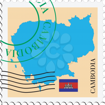 Image of stamp with map and flag of Cambodia