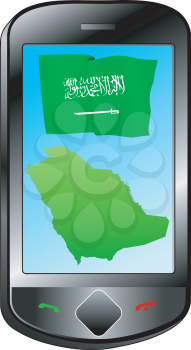 Mobile phone with flag and map of Saudi Arabia