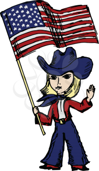 Royalty Free Clipart Image of a Cowgirl With an American Flag
