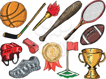 set of doodle, sketch illustrations of sport objects