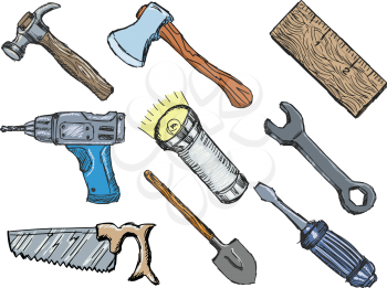 hand drawn, doodle, sketch illustrations of tools