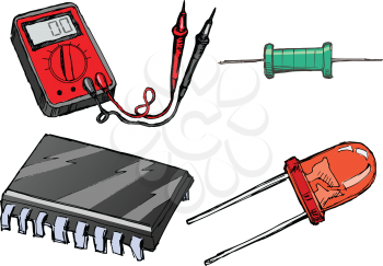 set of hand drawn illustrations of equipment of electronics
