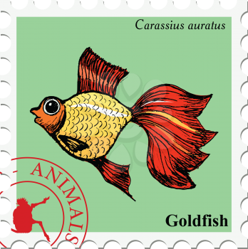 vector, post stamp with goldfish, underwater motive
