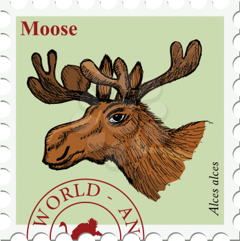 vector, post stamp with moose, wildlife motive