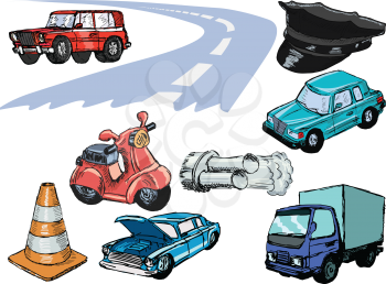 set of sketch, hand drawn illustrations of road motive