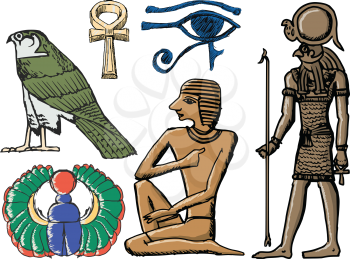 Set of hand drawn, sketch illustrations of symbols of ancient Egypt
