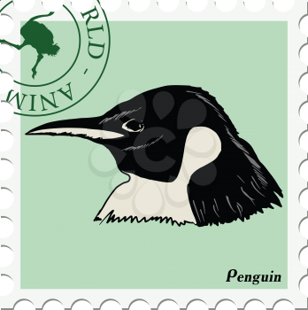 vector, post stamp with penguin