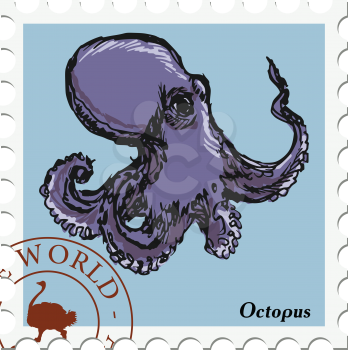 vector, post stamp with octopus