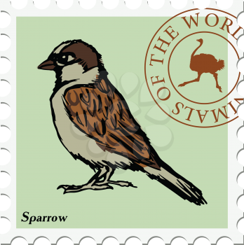 vector, post stamp with sparrow