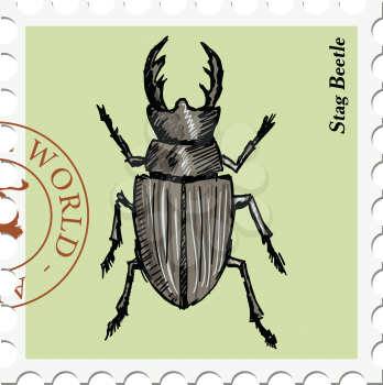 vector, post stamp with stag beetle
