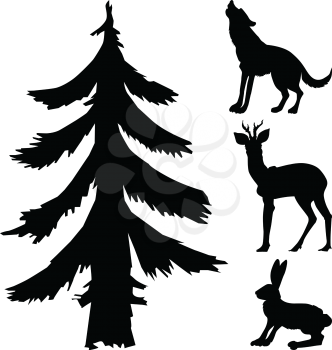 silhouettes of fir, hare, wolf and roe deer, forest motives