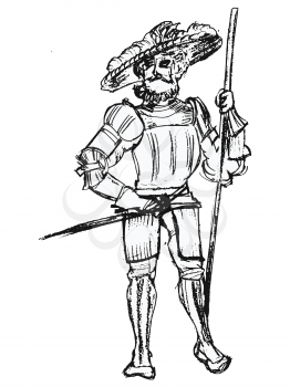 Vector, hand drawn, sketch, cartoon illustration of landsknecht. Motives of history, medieval knights, military, armour, weapon, uniform