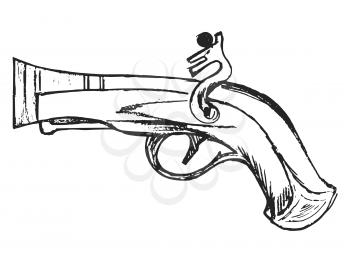 Vector, hand drawn illustration of vintage pistol. Side view. Motives of terror, crime, historical, dangerous, pirate, retro