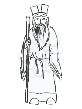 Vector, hand drawn, sketch, cartoon illustration of Chinese wise man. Motives of history, tradition culture, people, retro, religious, tao, philosophy