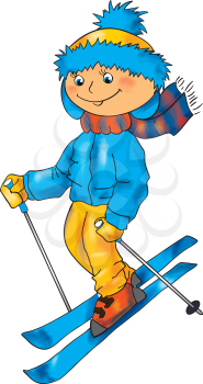 Winter illustration for children outdoor activity - Skiing boy