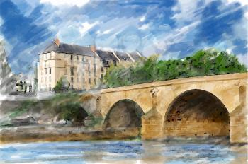 Illustration of city bridge. Watercolor style. 