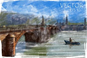 Illustration of city bridge. Watercolor style. 